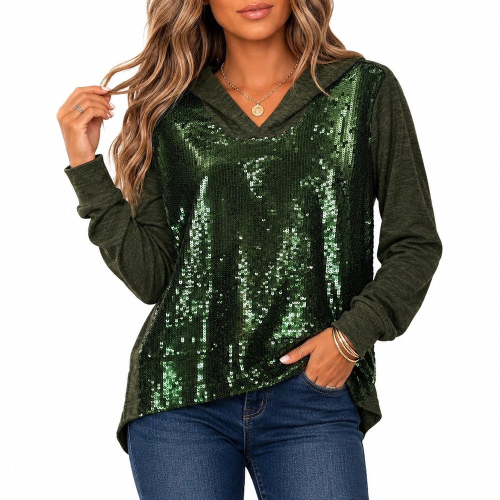 Colleen Lopez Green Sequin Front Hoodie Long‎ Sleeve Top XS Forest Green Sweater